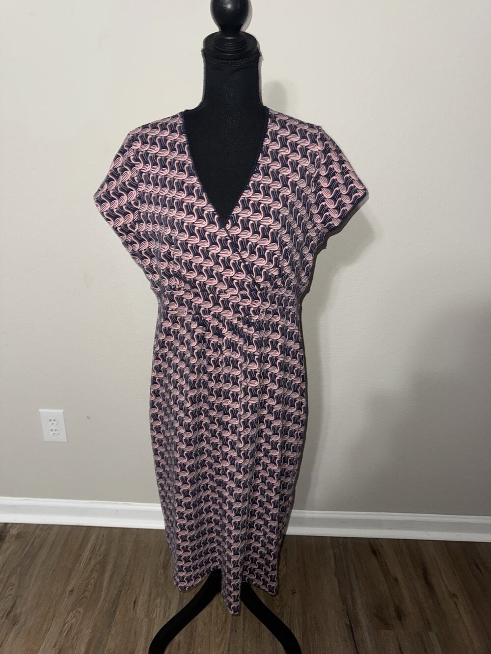 Boden Women’s All Over Flamingo Print Faux Wrap Jersey Dress Navy/Pink US 16L